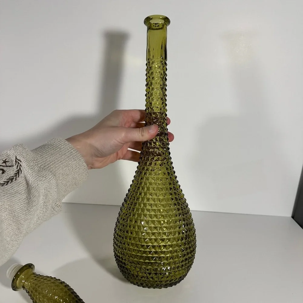 Vintage Empoli Italian Olive Green Glass Genie Bottle Decanter Diamond‎ Hobnail